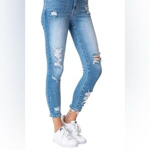 KanCan High Rise Open Ripped Cuff Hem Straight Ankle Distressed Denim Jeans Fall